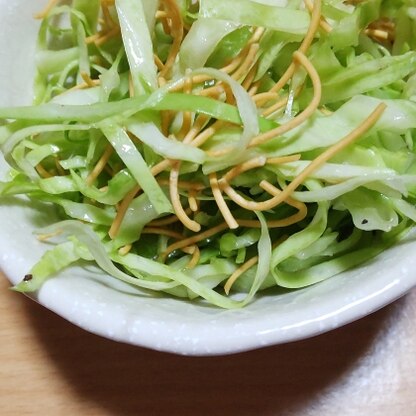 キャベツの副菜で探していて、ちょうど皿うどんの麺の残りもあったので作ってみました。
味はシンプルですが、食感が面白くて飽きないですね。子供たちにも好評でした！